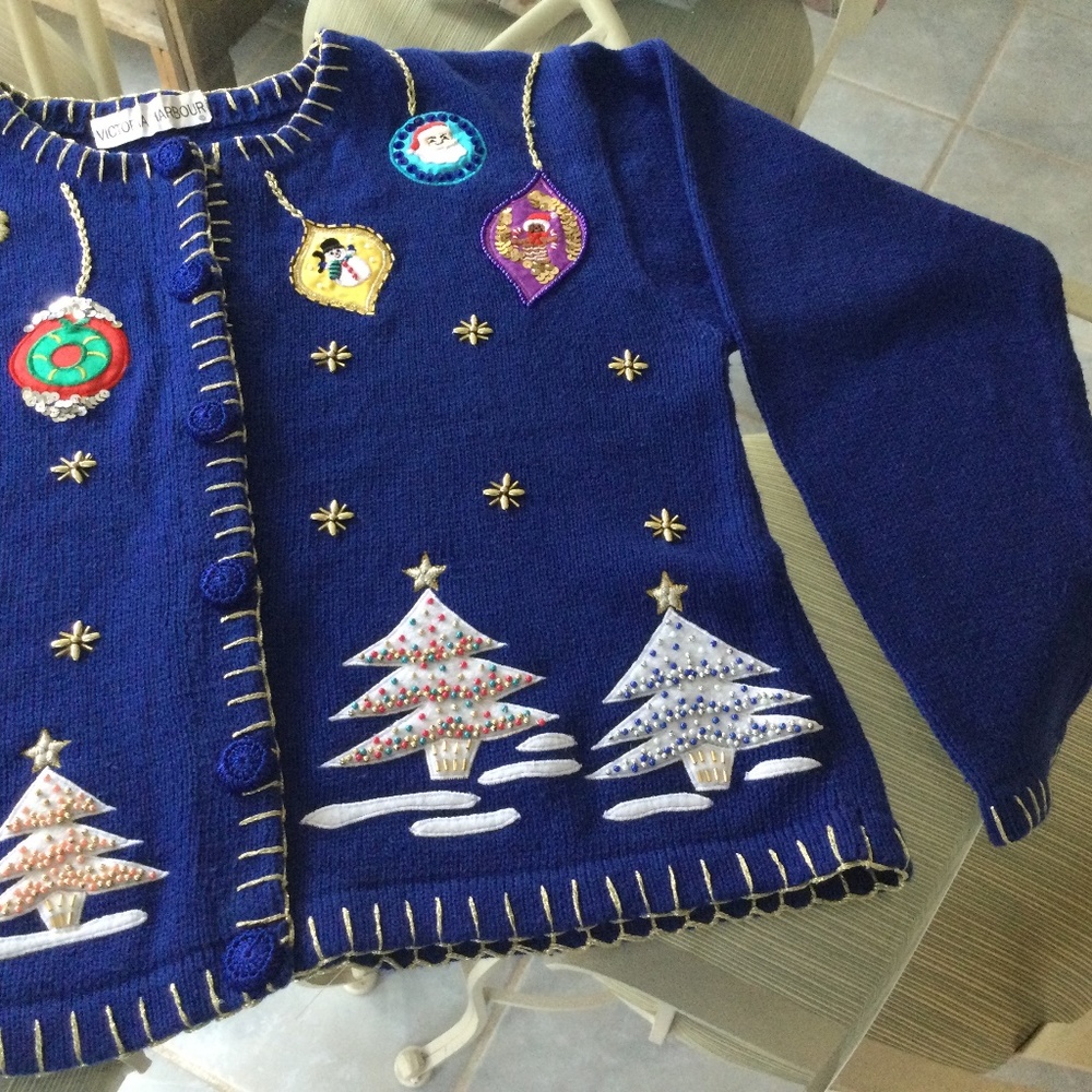 Vintage Victoria Harbour Embellished Christmas Sweater Cardigan Blue Ugly